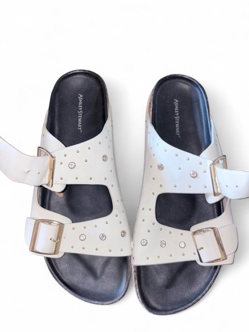 Ashley Stewart White Studded Double-Buckle Slides with Black Footbed